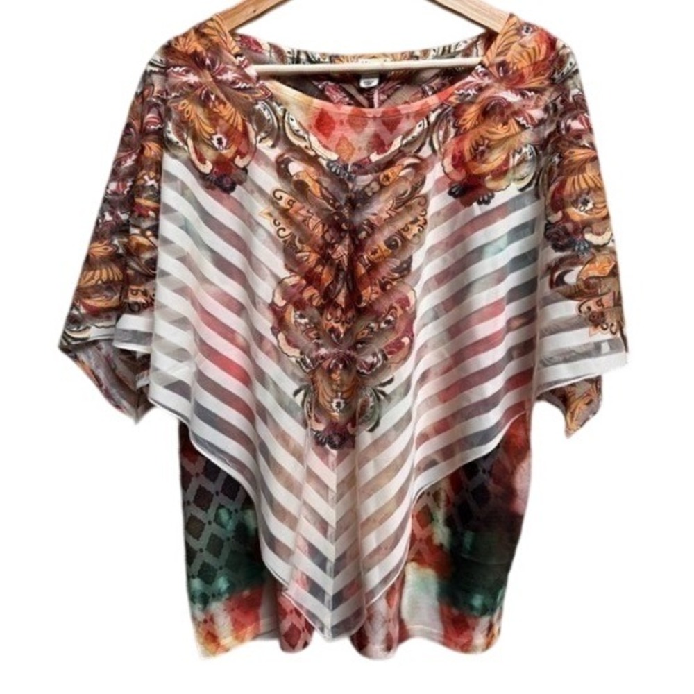 World Unity XL Boho Layered Poncho Top Multicolor Paisley Print Sheer Overlay